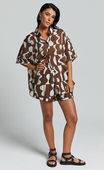 Nadiane Shorts - Shirred High Waisted Shorts in Chocolate Mono Wave