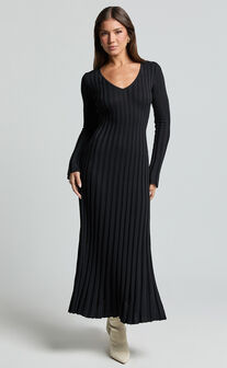 Astra Midi Dress - V Neck Long Sleeve Knit Dress in Black