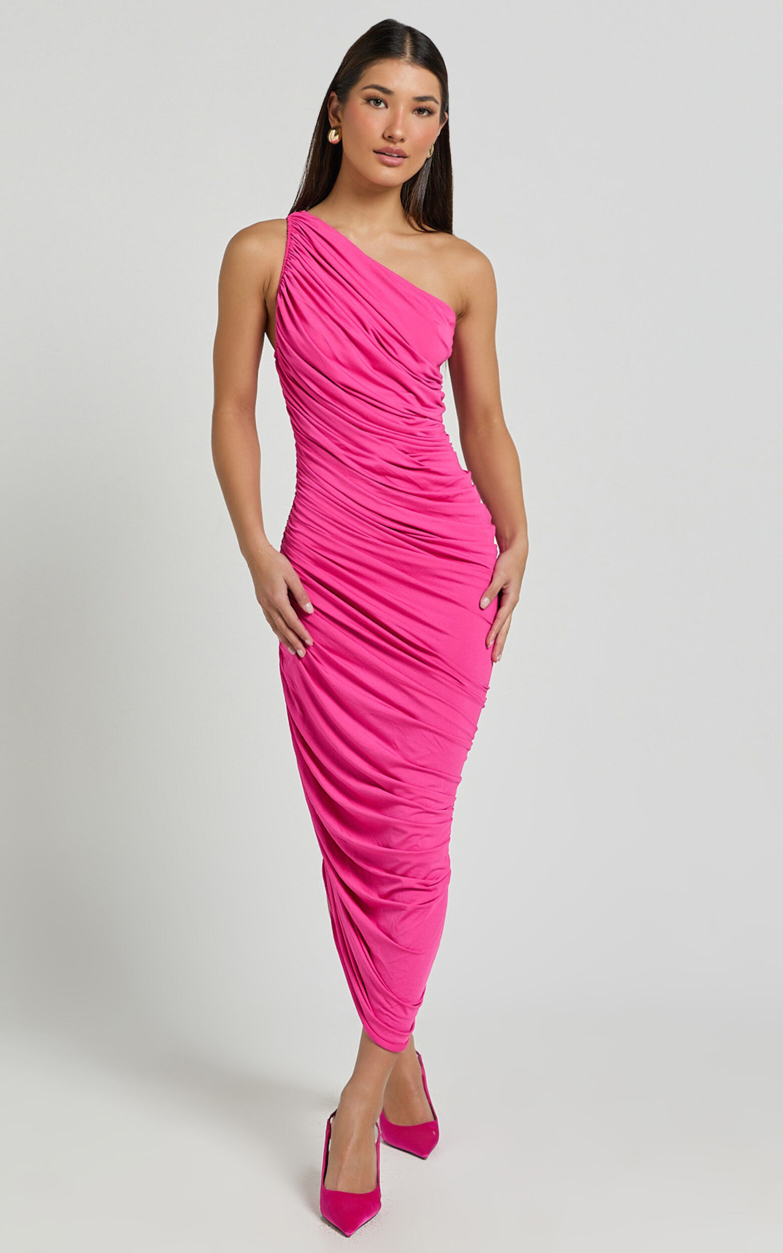Lovlin Midi Dress - One Shoulder Ruched Dress in Fuchsia Pink - 06, PNK1