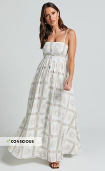 Abbey Maxi Dress - Strappy Straight Neck A Line Dress in White & Brown Sun Print