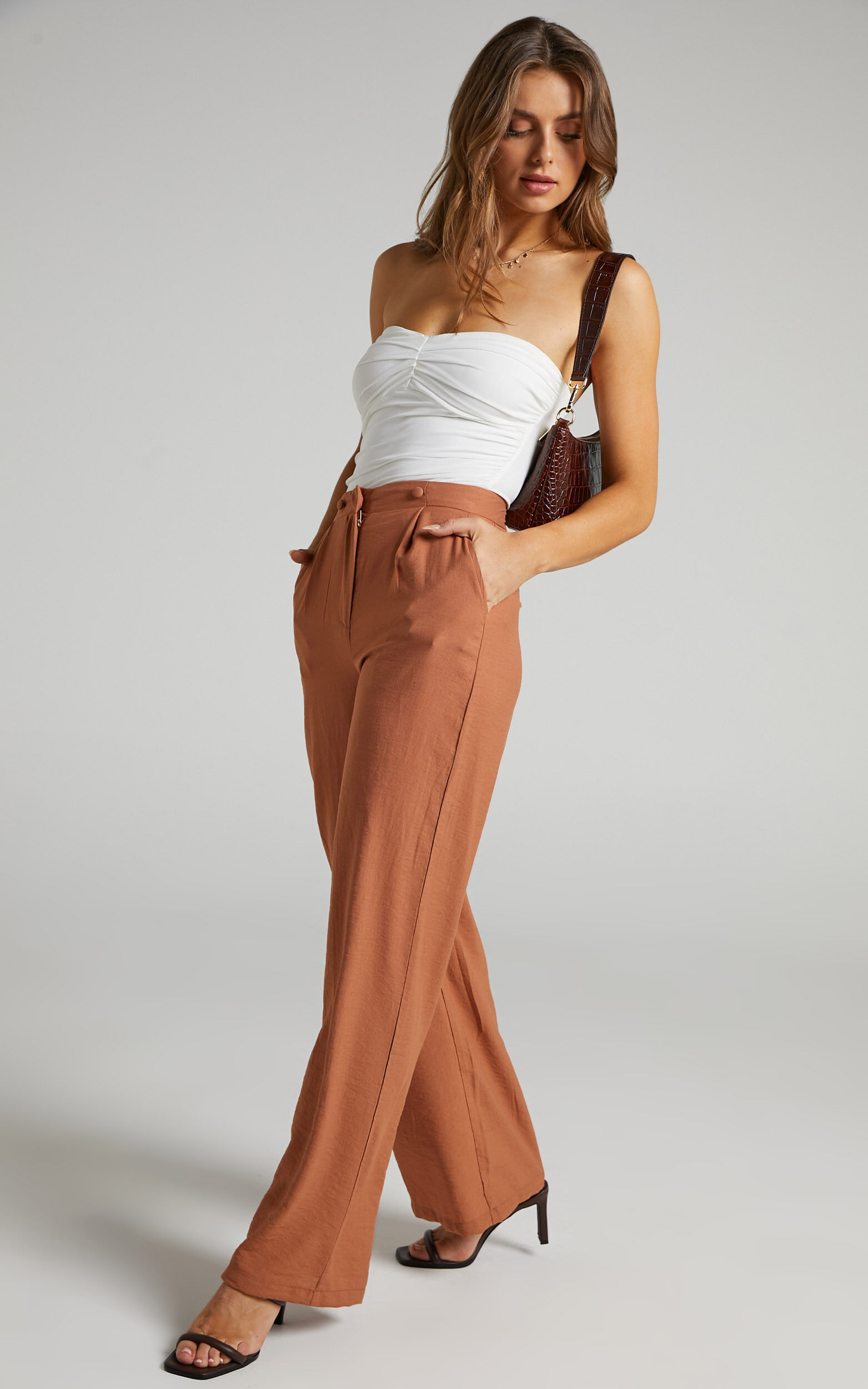 Nathan Double Button Pleated Wide Leg Pant in Brown Linen Showpo