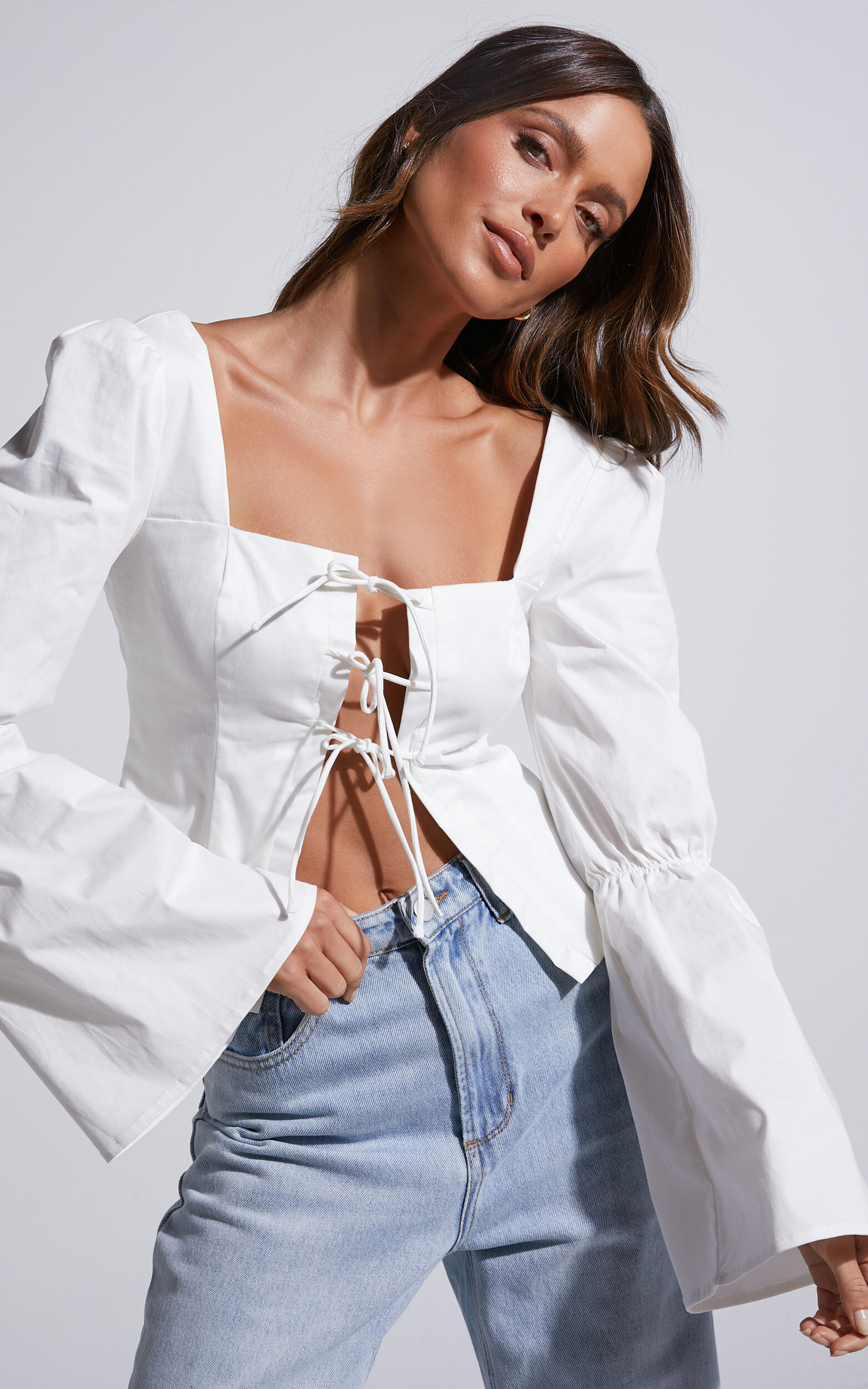 Tie-front Long-sleeved Blouse - White - Ladies