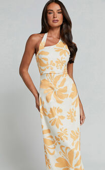 Gena Midi Dress - Halter Neck Slip Dress in Yellow Floral