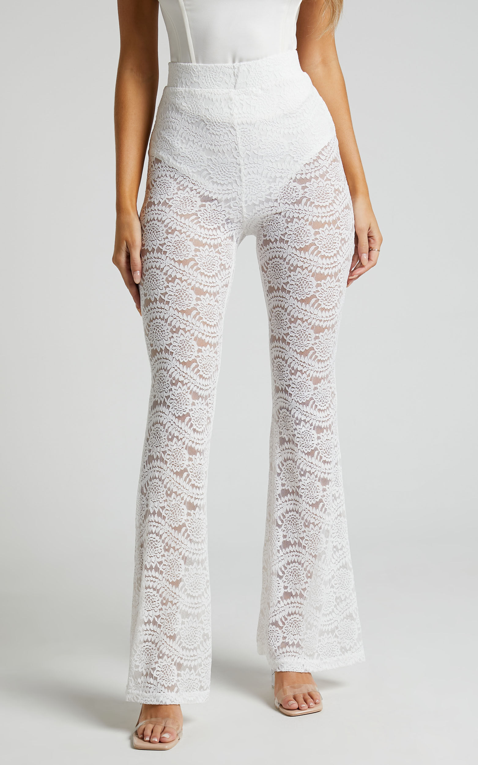 Mehca High Waisted Lace Flared Pant in White Showpo NZ