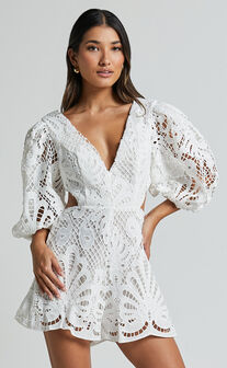Channing Playsuit - Lace Short Puff Sleeve Playsuit in White