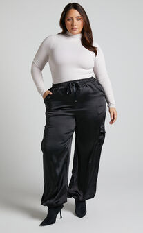 Jadeiah Pants - Mid Rise Cargo Pocket Satin Jogger Pant in Black