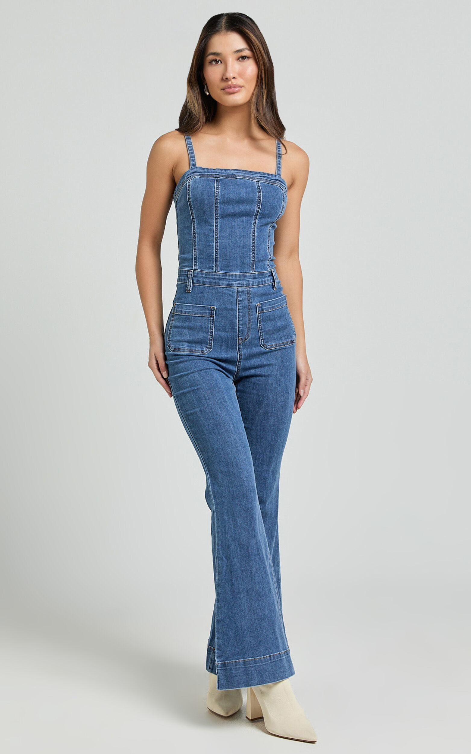 Joey Jumpsuit - Panelled Cami Flared Bottom Denim Jumpsuit in Dark Blue ...