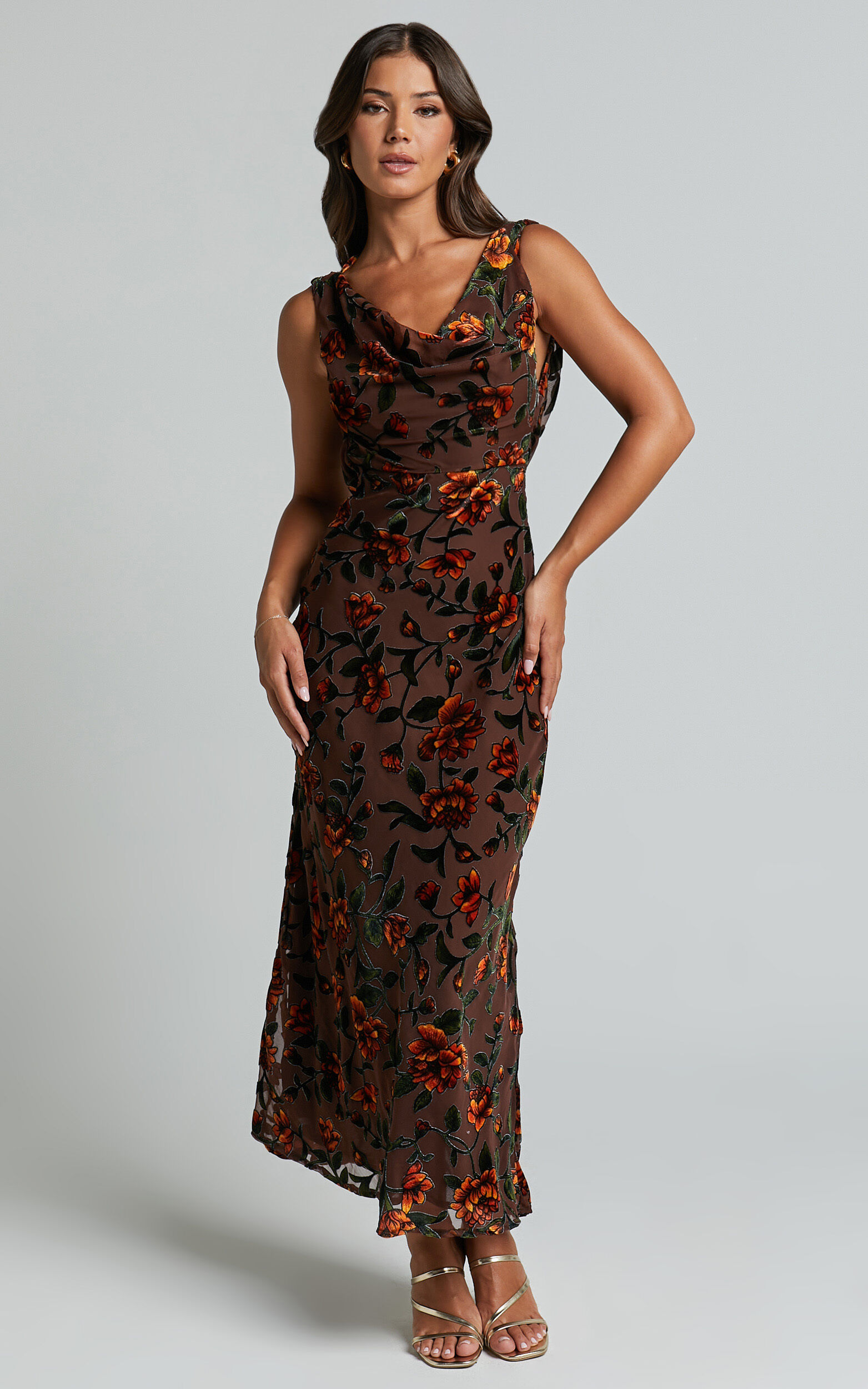 Stephania Midi Dress Cowl Neck Low Back Burnout Slip Dress in Chocolate Showpo USA
