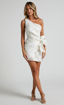 Kailey Mini Dress - One Shoulder Wrap Front Dress in White & Beige Jacquard