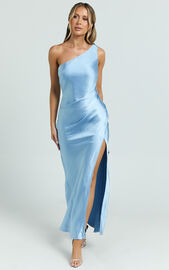 Isla Maxi Dress - Satin One Shoulder Side Split Dress in Blue | Showpo