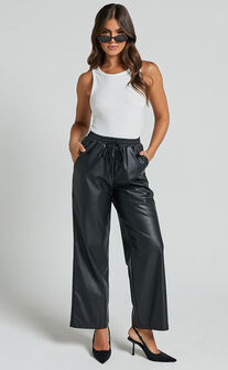 Leah Pants - High Waist Drawstring Faux Leather Pants in Black