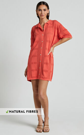 Tully Mini Dress - Knitted Button Through Shift Dress in Coral