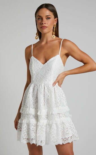 Rhedan Mini Dress - Tiered Lace Dress in White