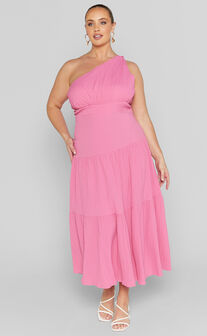 Celestia Midi Dress - Tiered One Shoulder Dress in Bright Pink