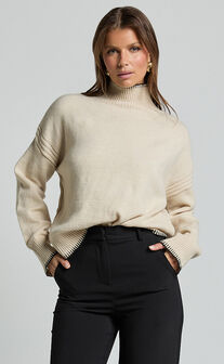 Cera Jumper - High Neck Contrast Seam Stitch Detail Knit Jumper in Sand