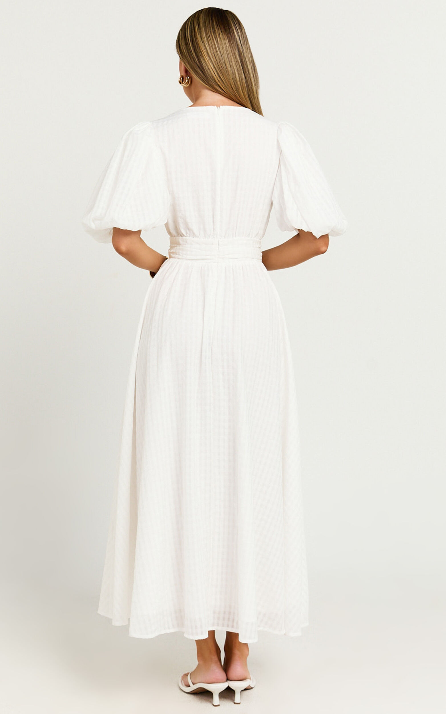 Xandy Midi Dress - Textured Puff Sleeve Plunge Dress in White | Showpo USA