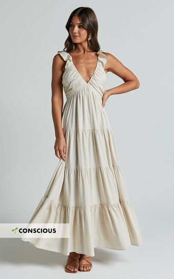 Nicollee Midi Linen Blend Dress - Plunge Neck Sleeveless Tiered Dress in Natural