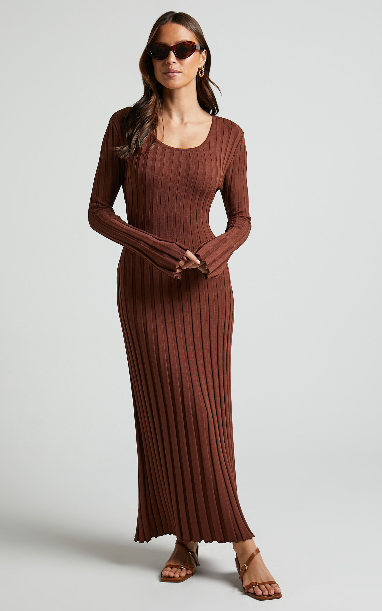 Blaire Midi Dress - Long Sleeve Tie Back Flare Dress in Chocolate | Showpo USA