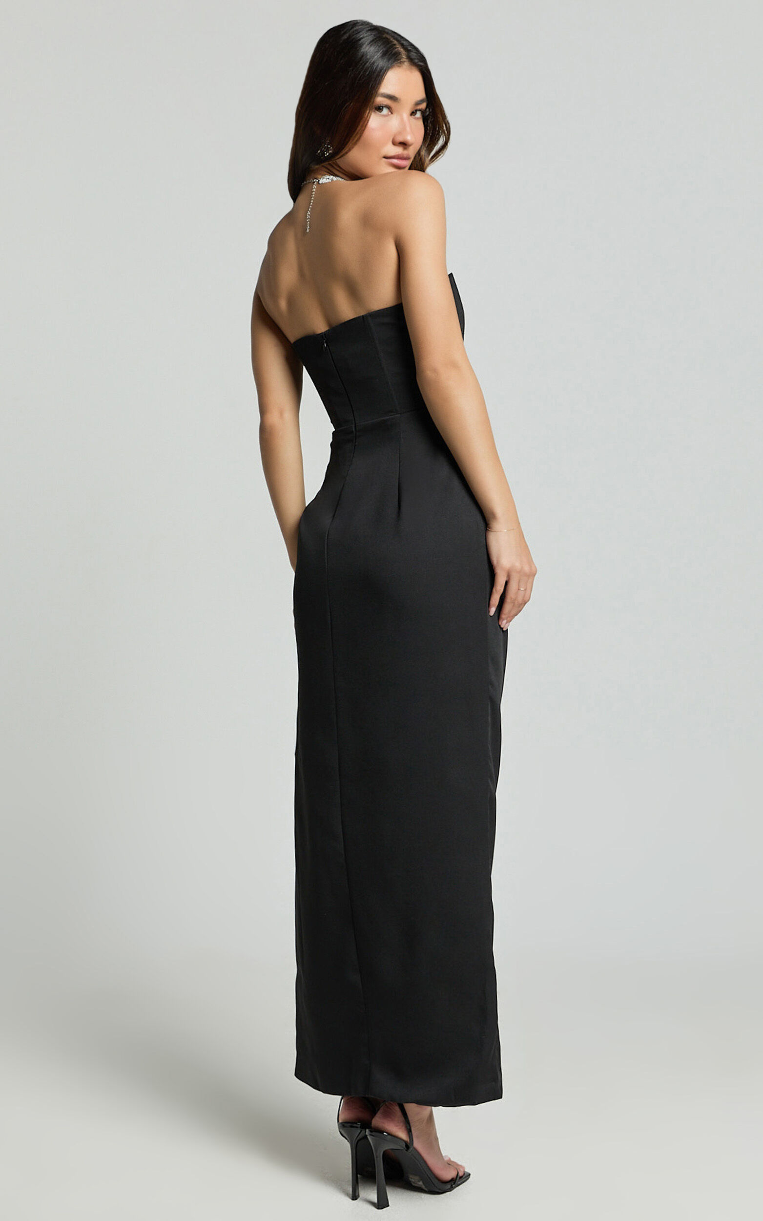 Avery Midi Dress - Strapless Draped Side Split Dress in Black | Showpo USA