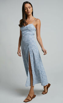 Prudence Midi Dress - Sweetheart Thigh Split Dress in Blue Floral