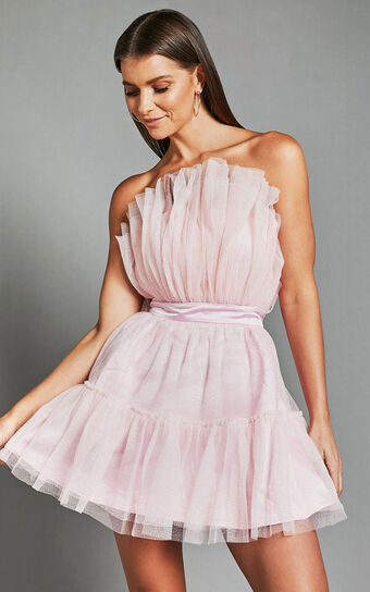 Amalya Mini Dress - Tiered Tulle Fit and Flare Dress in Baby Pink Glitter
