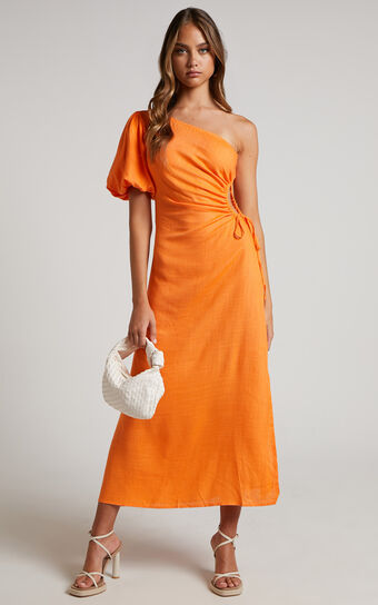 Victoria Midi Dress - Linen Look One Shoulder Puff Sleeve Cut Out Dress in Orange