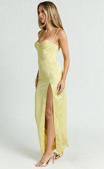 Vinny Maxi Dress - Strapless Sweetheart Neck High Leg Split Bodycon Dress in Lemon