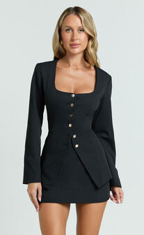 Evie Two Piece Set - Long Sleeve Button Down Tailored Top and Mini Skirt Set in Black
