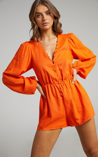 Shari Playsuit - Linen Look Blouson Playsuit in Orange