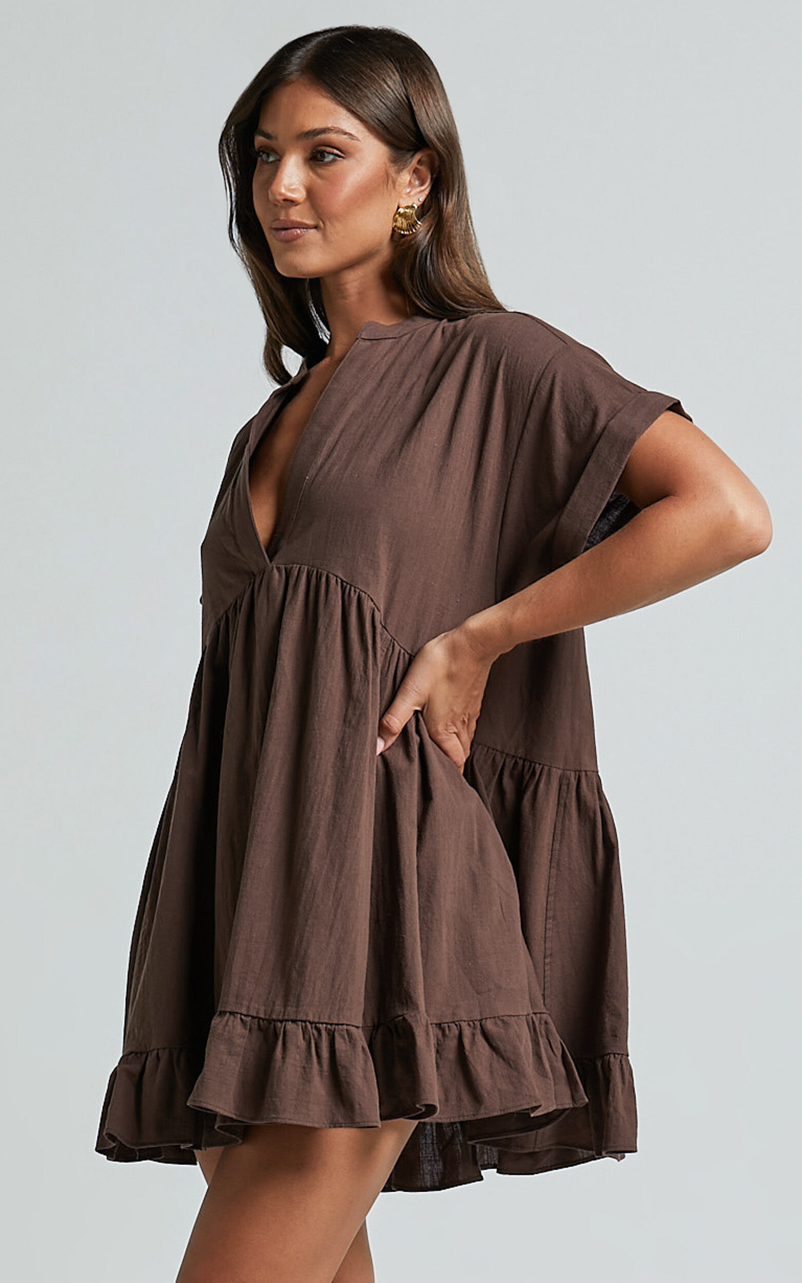 Calissa Mini Dress - Frill Hem Smock Dress in Chocolate | Showpo USA