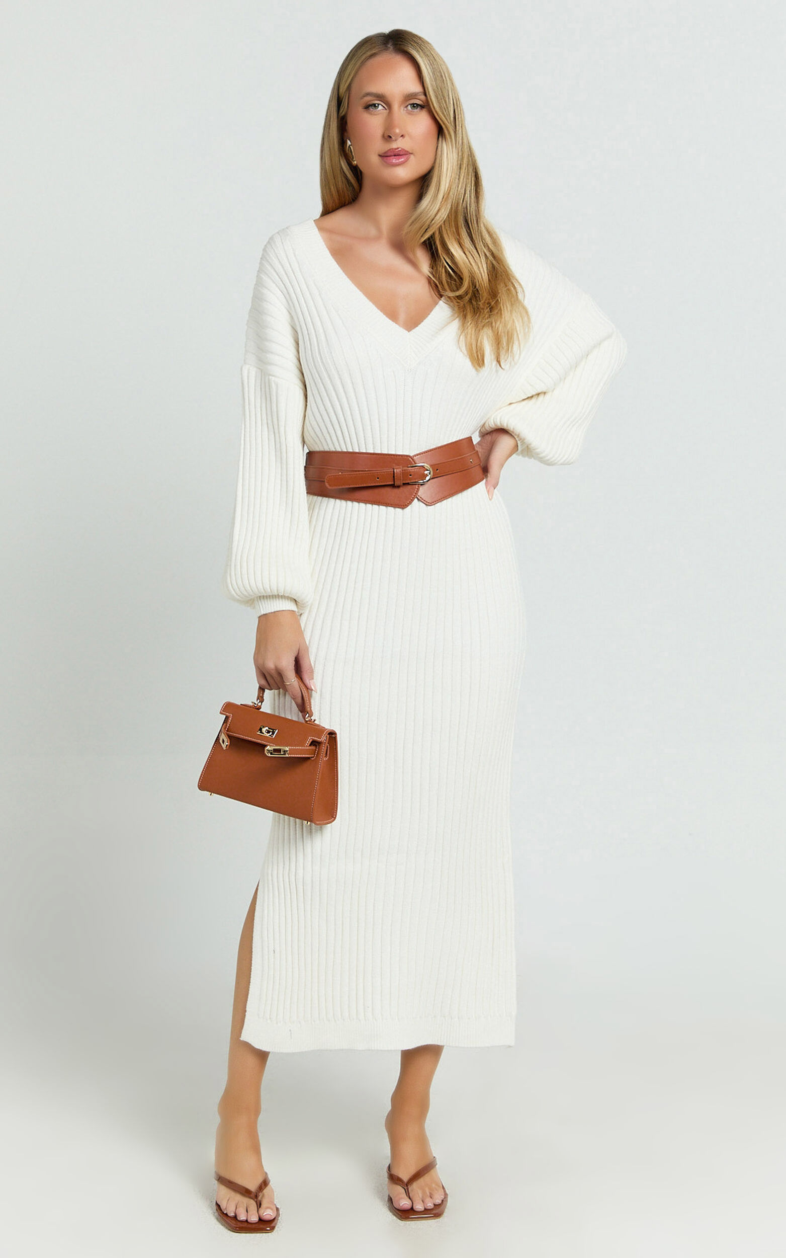 Kartia Midi Dress - V Neck Knit Dress in Off White - 04, WHT1