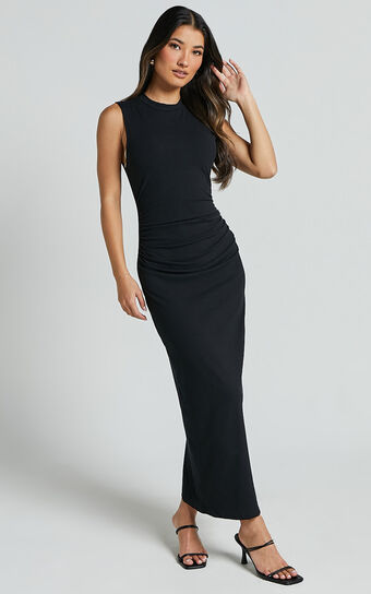 Carly Midi Dress - High Neck Ruched Dress in Black