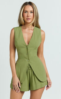 Olivia Top - Longline Linen V Neck Back Tie Vest Top in Sage