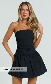 Donatella Mini Dress - Strapless Drop Waist Dress in Black
