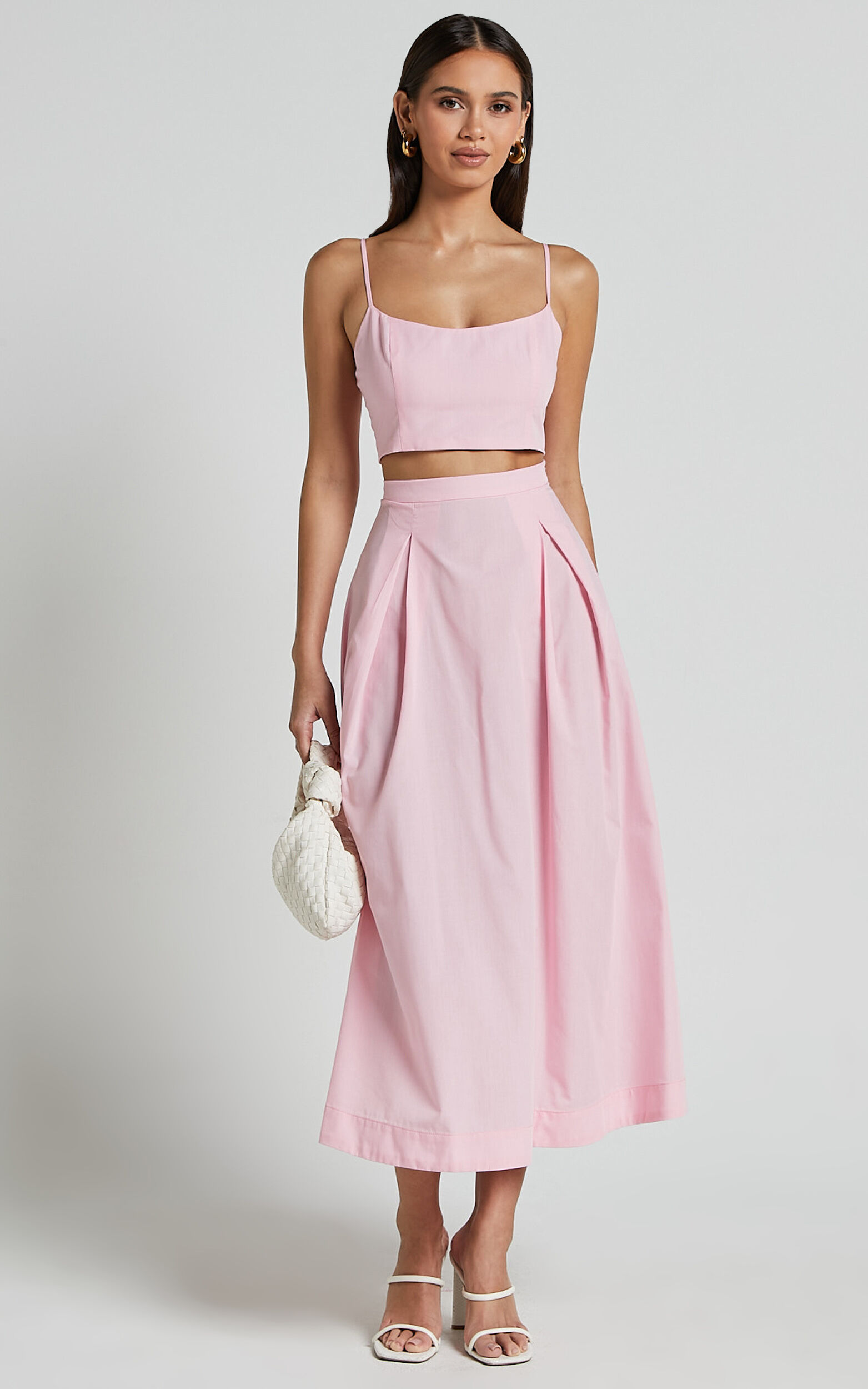 Rosalee Two Piece Set Strappy Crop Top and High Waisted A Line Midi Skirt Set in Pink