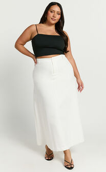 Benjie Maxi Skirt - Tailored Linen Look High Waisted A Line in White