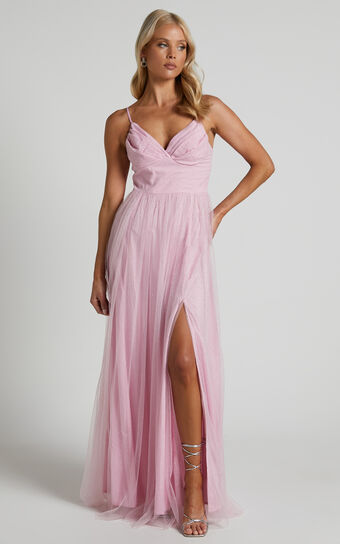 Ellica Maxi Dress - Sweetheart Ruched Bodice Tulle Dress in Pink