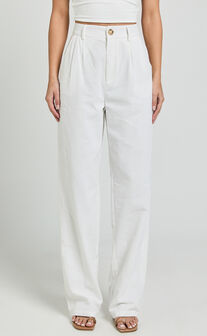 Kiraye Pants - Linen Look High Waist Tailored Pants in Off White