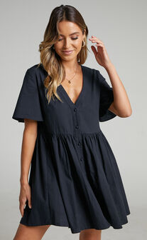 Staycation Mini Dress - Smock Button Up Dress in Black