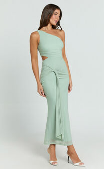 Mandy Midi Dress - Knot Detail Cut Out Mesh Dress in Sage