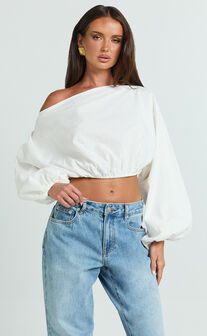 Alesia Top - Asymmetrical Boat Neck Elastic Hem Crop Top in White