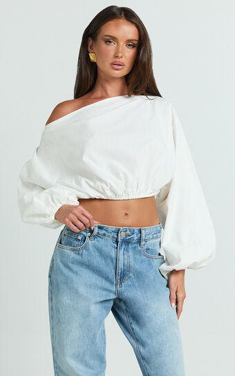Alesia Top - Asymmetrical Boat Neck Elastic Hem Crop Top in White