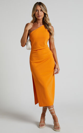 Monette Midi Dress - One Shoulder Straight Dress in Orange No Brand