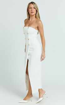 Carson Midi Dress - Strapless Double Breasted Wrap Fitted Dress in Off White
