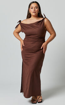 Cincinnati Midi Dress - Off The Shoulder Side Split Column Linen Look Dress in Chocolate