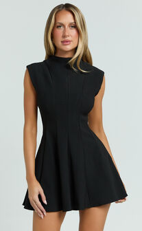 Becky Mini Dress - High Neck Sleeveless Fit And Flare Dress in Black