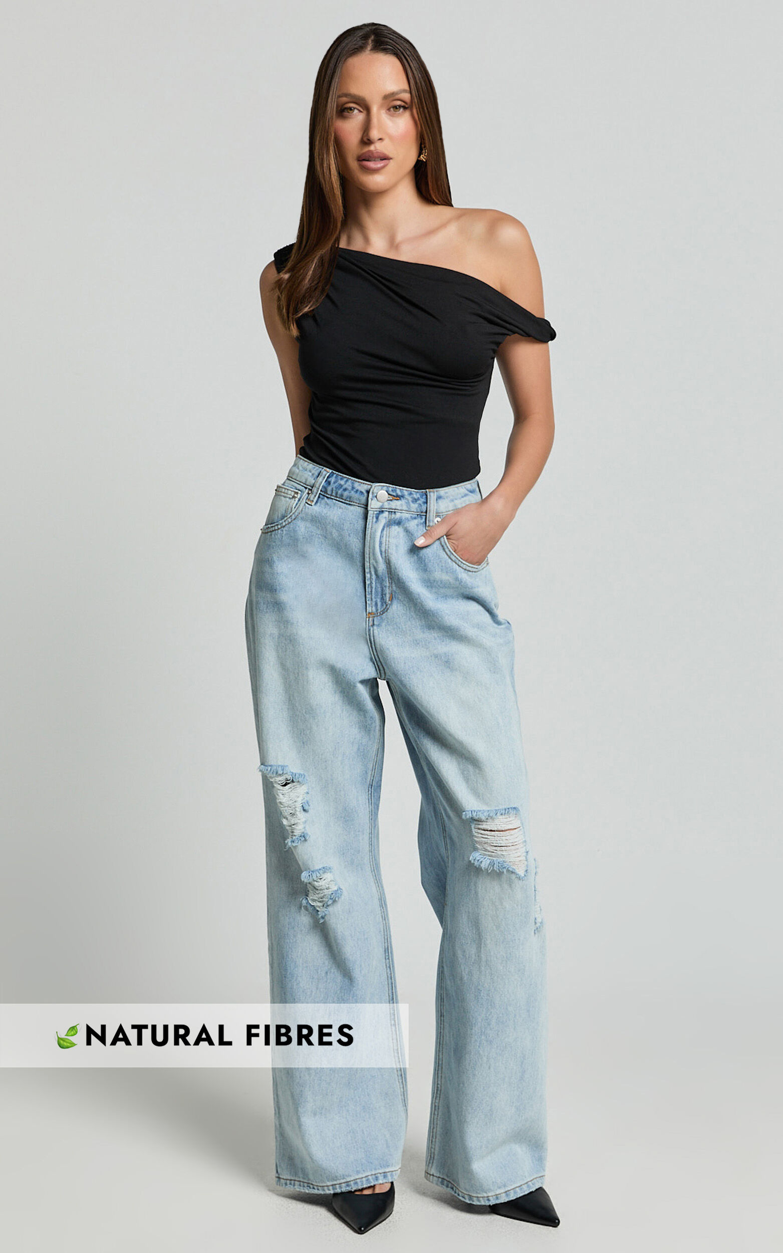 Cate Jeans - Baggy High Waist Ripped Wide Leg Recycled Denim Jeans in Light Blue Wash - 06, BLU1