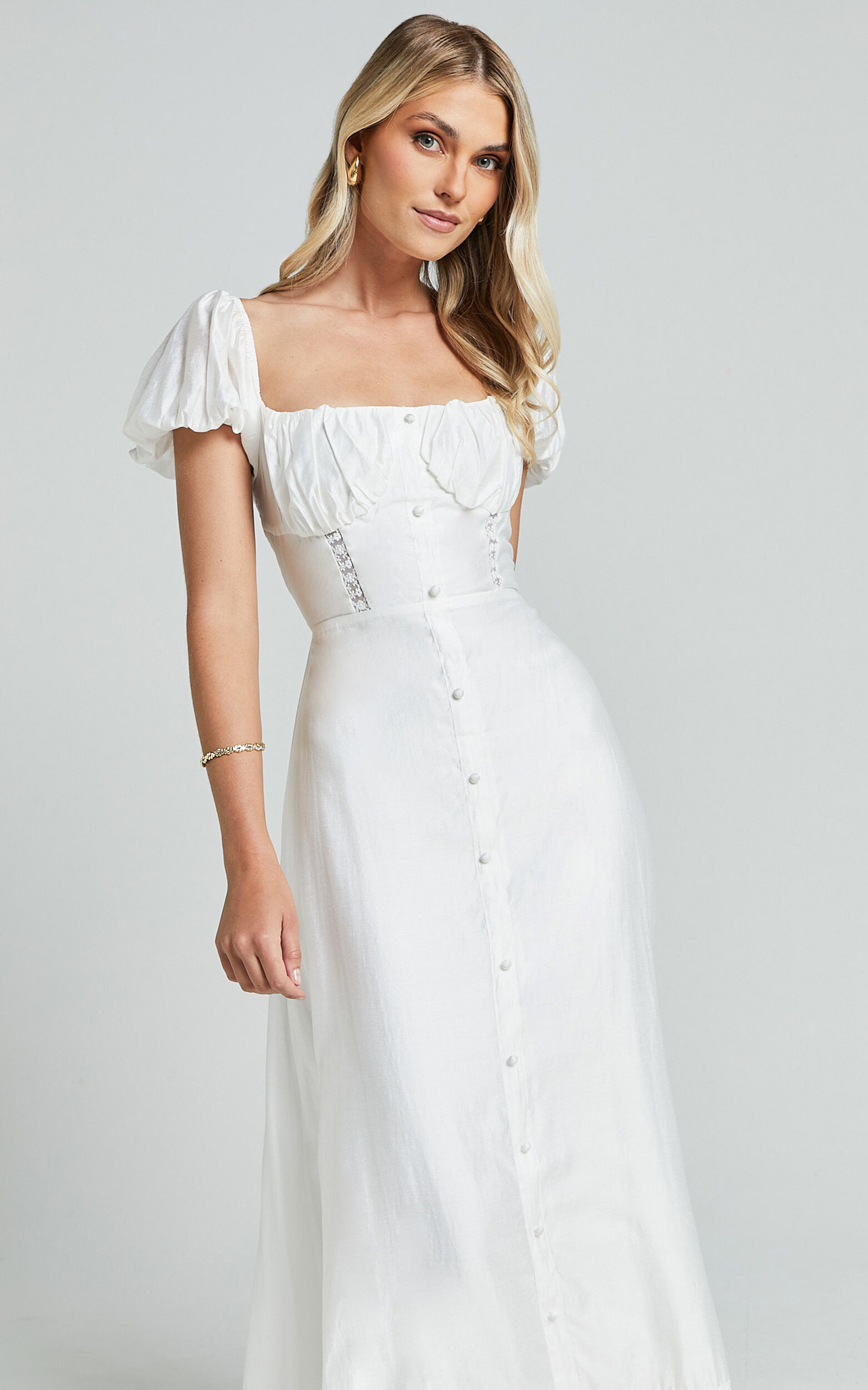 Giselle Midi Dress Puff Sleeve Corset Flare Dress in White
