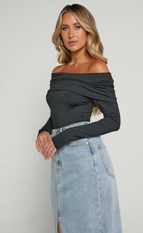 Ermalen Bodysuit - Folded Off Shoulder Long Sleeve Bodysuit in Black