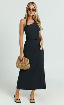 Lindley Midi Dress - Halter Neck Linen Look Dress in Black